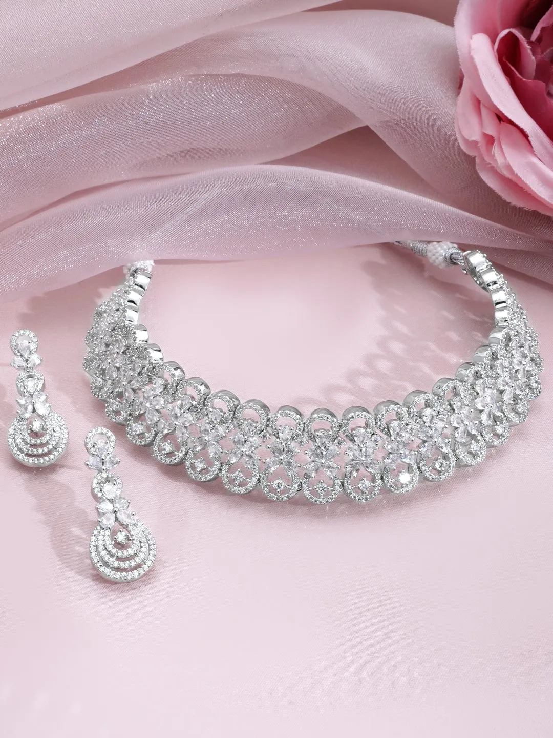 Rubans Rhodium-Plated Cubic Zirconia Studded Floral Design Choker Necklace Set