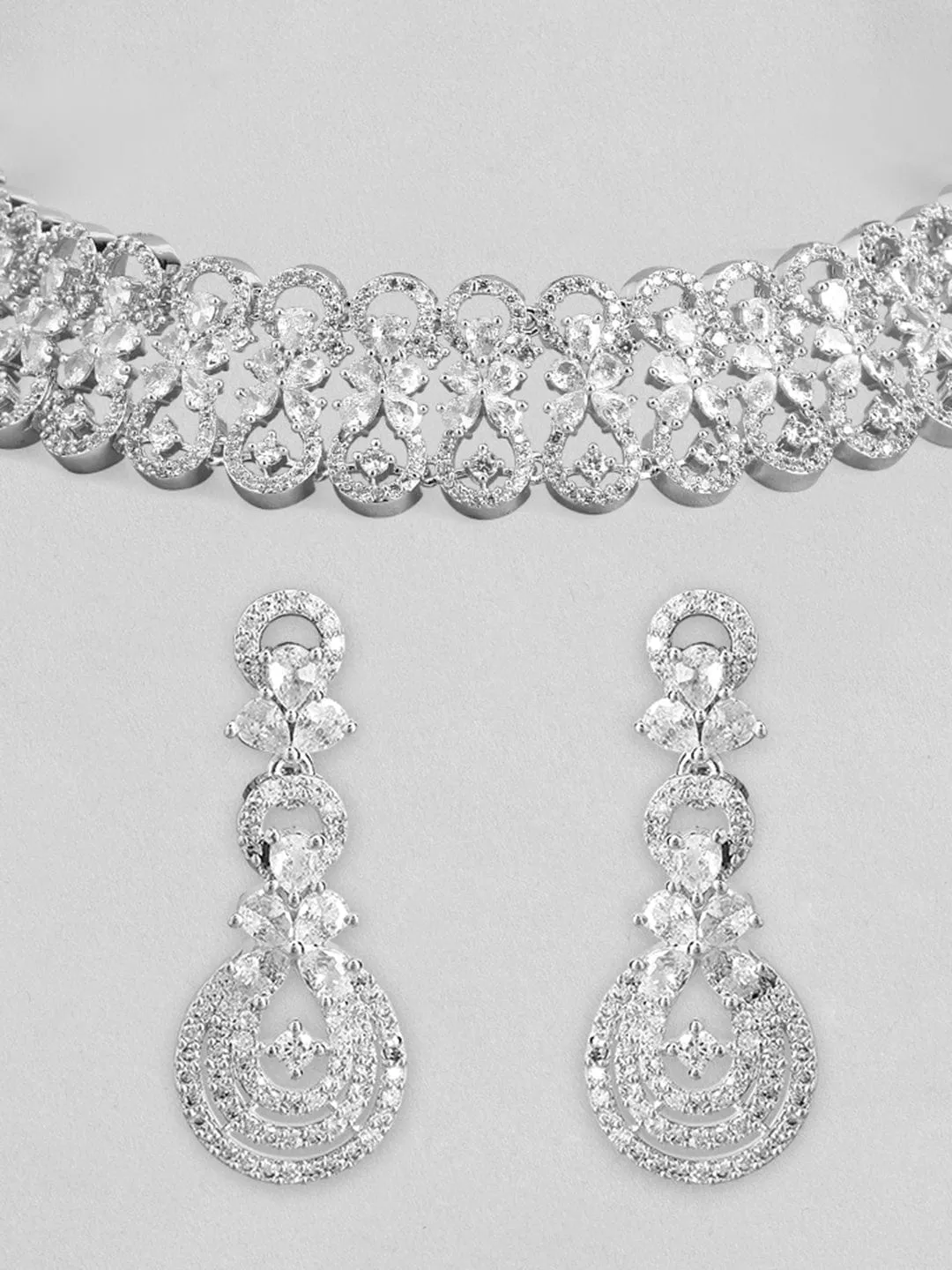 Rubans Rhodium-Plated Cubic Zirconia Studded Floral Design Choker Necklace Set