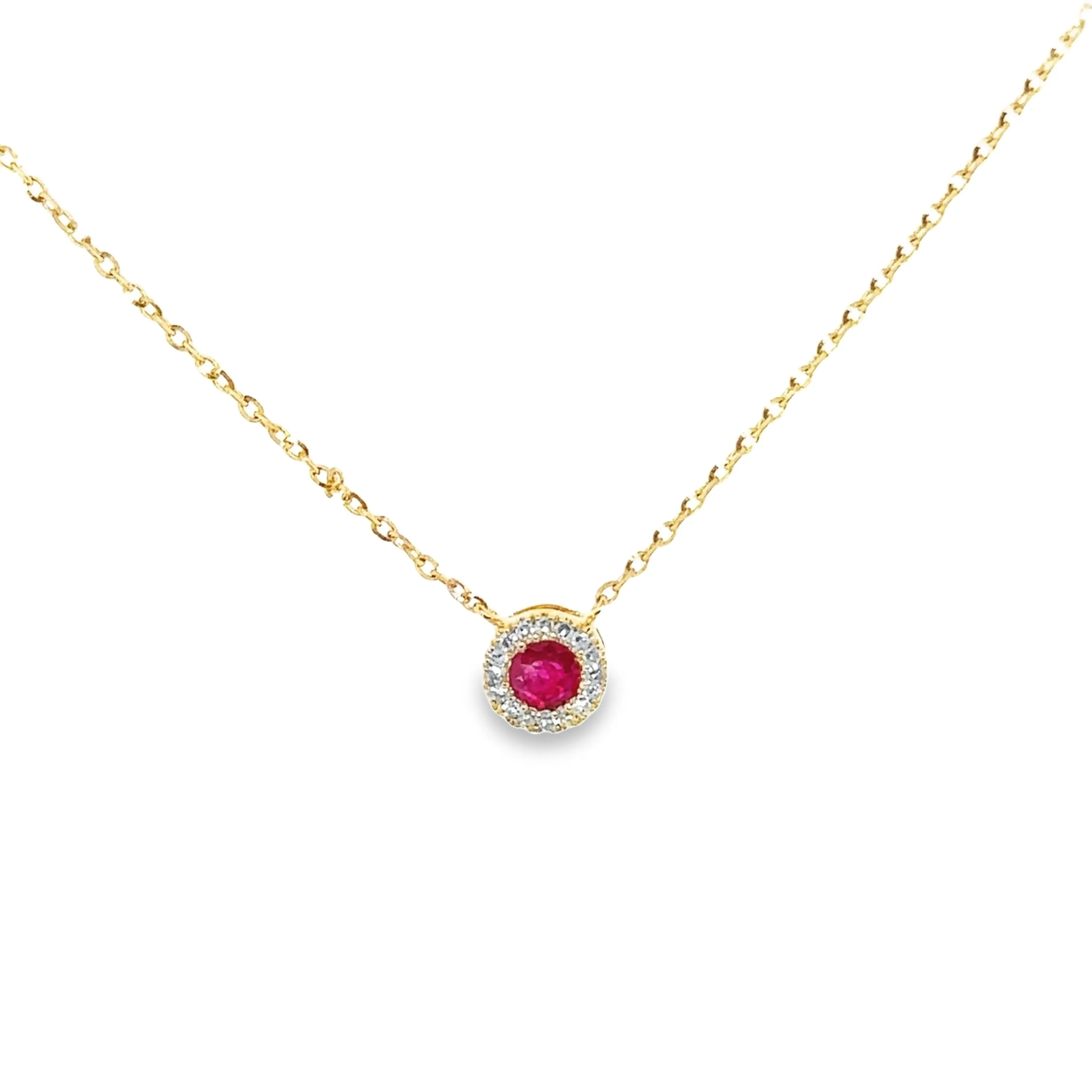 Ruby & Diamond Halo Yellow Gold Necklace