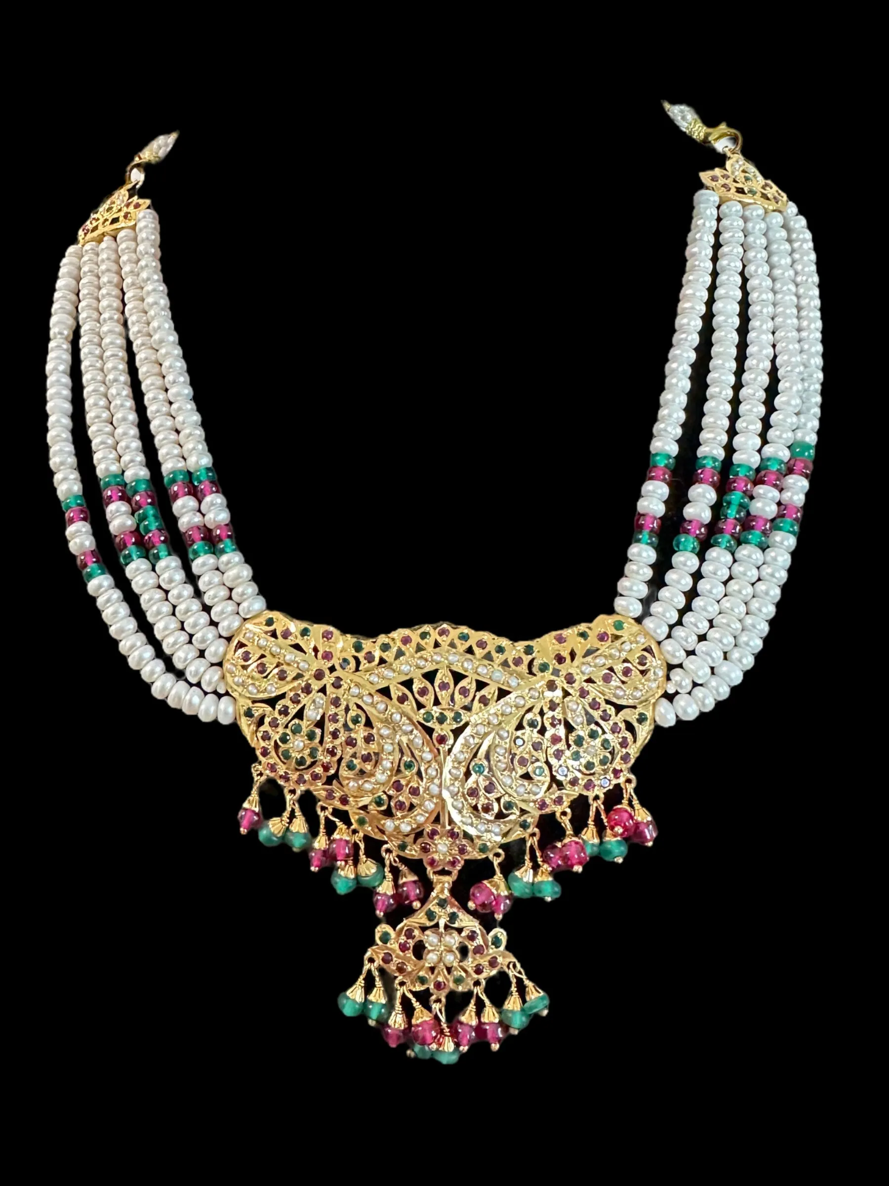 ruby emerald necklace set with fresh water pearls - gold plated silver ( READY TO SHIP )