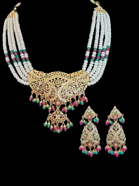 ruby emerald necklace set with fresh water pearls - gold plated silver ( READY TO SHIP )