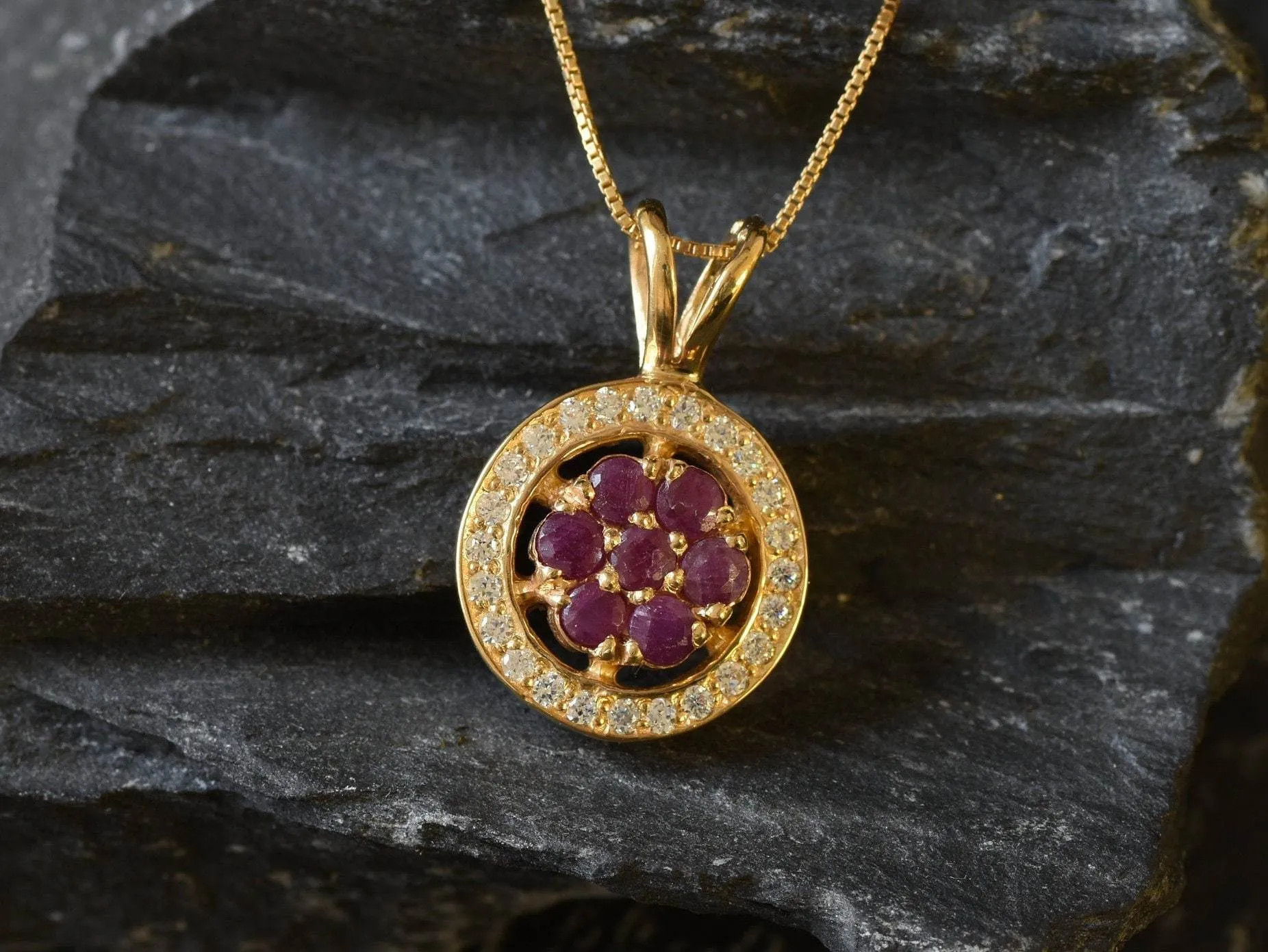 Ruby Flower Pendant - Natural Ruby Necklace, July Birthstone Necklace