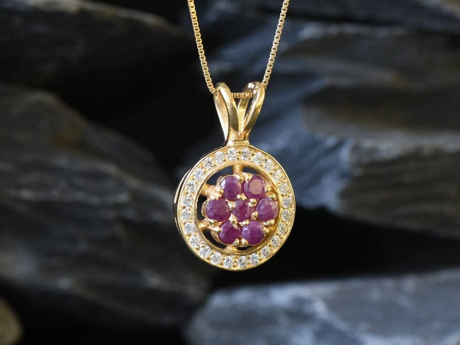 Ruby Flower Pendant - Natural Ruby Necklace, July Birthstone Necklace