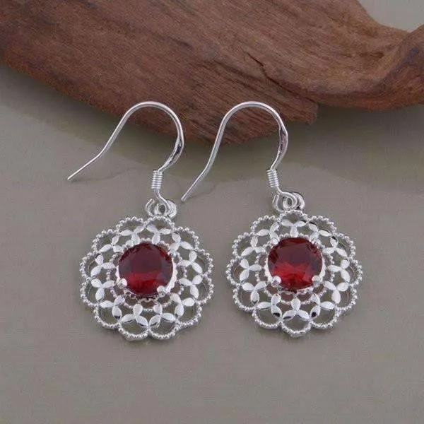 Ruby Red CZ Sterling Silver Filigree Medallion Matching Necklace and Earrings Set