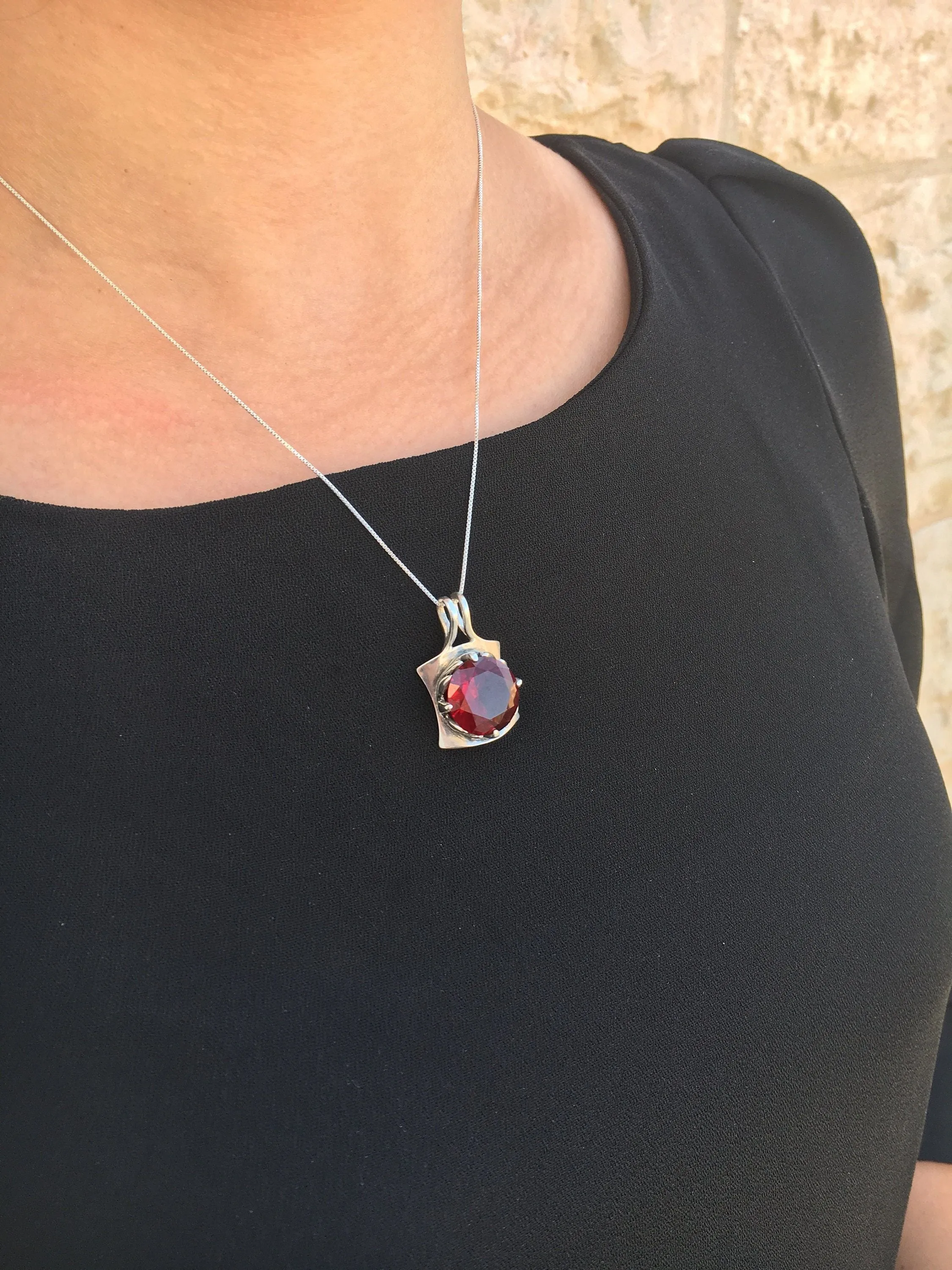 Ruby Square Necklace - Red Ruby Statement Pendant - Vintage Ruby Necklace