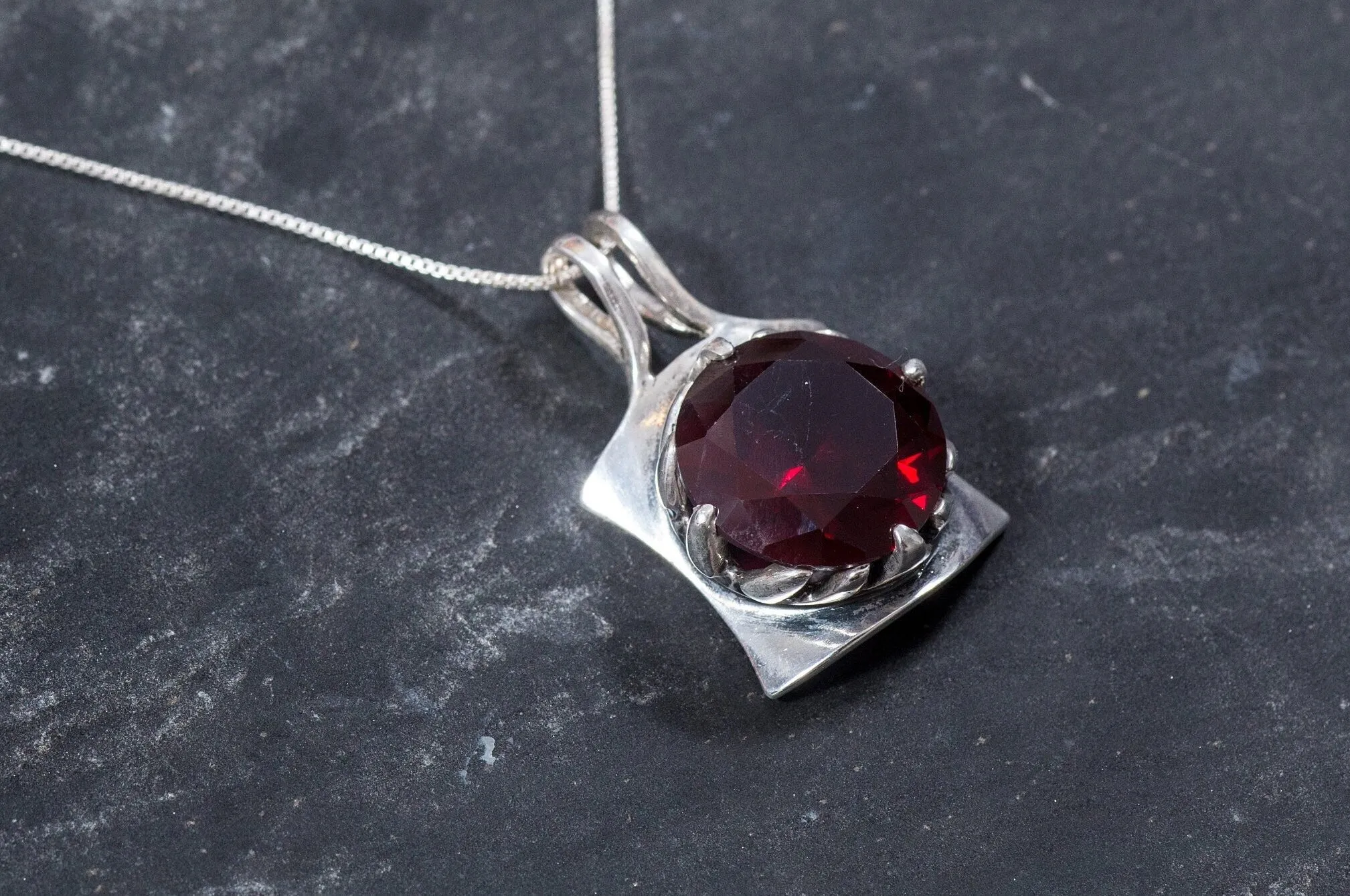 Ruby Square Necklace - Red Ruby Statement Pendant - Vintage Ruby Necklace