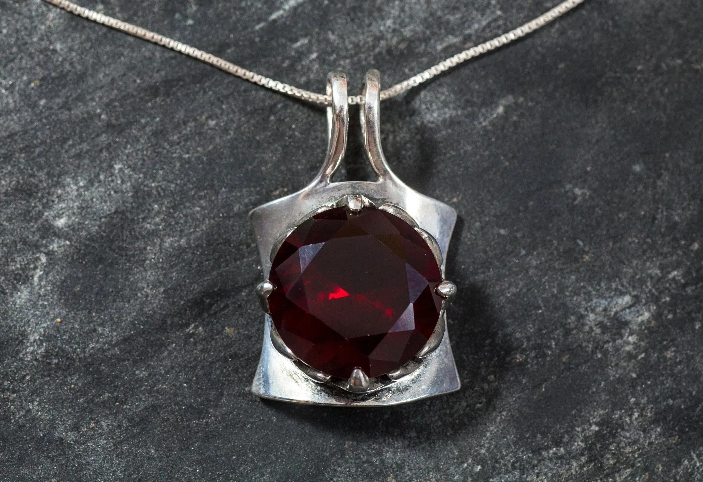 Ruby Square Necklace - Red Ruby Statement Pendant - Vintage Ruby Necklace