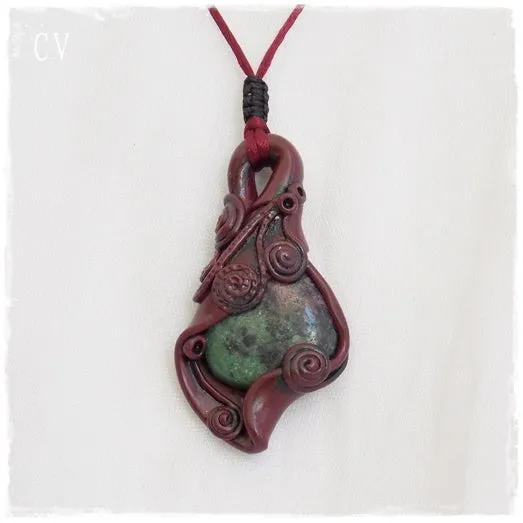 Ruby Zoisite Polymer Clay Pendant ~