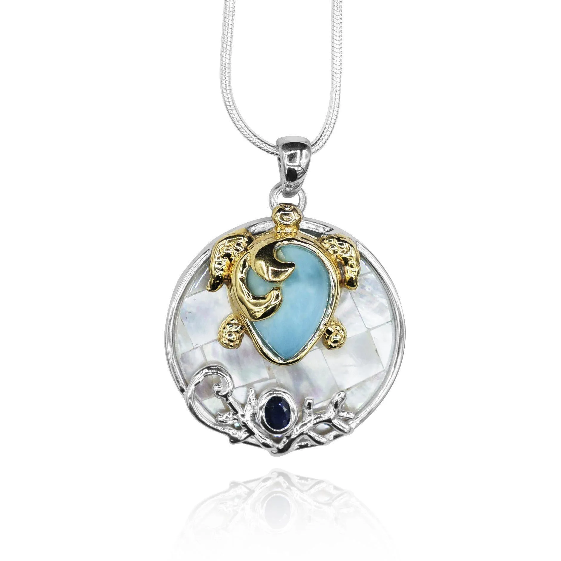 Sea Turtle Pendant Necklace with Larimar, Lapis Lazuli and Mother of Pearl