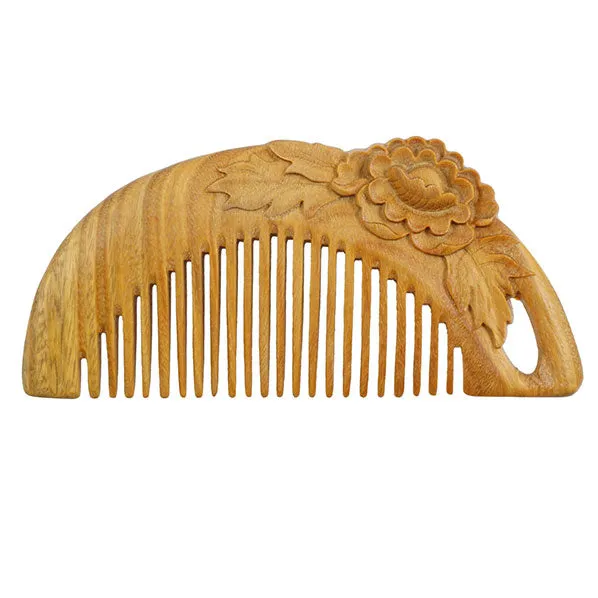 Seamless Lignum-vitae Wood Pocket Hair Comb w/ Carved Peony