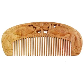 Seamless Peachwood Dome Hair Comb w/ Carved Carp Fishes and Lotus