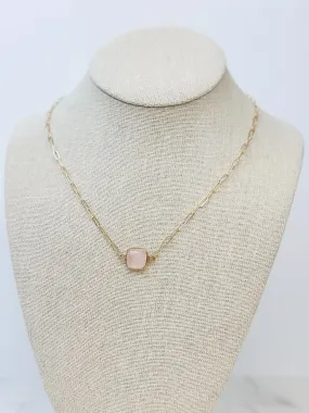 Semi Precious Square Stone Necklace - Rose