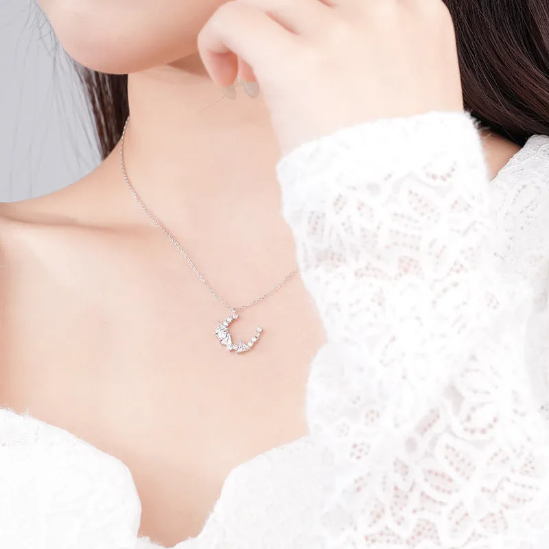 Silver crescent moon necklace female personality versatile micro-inlaid zircon moon pendant jewelry