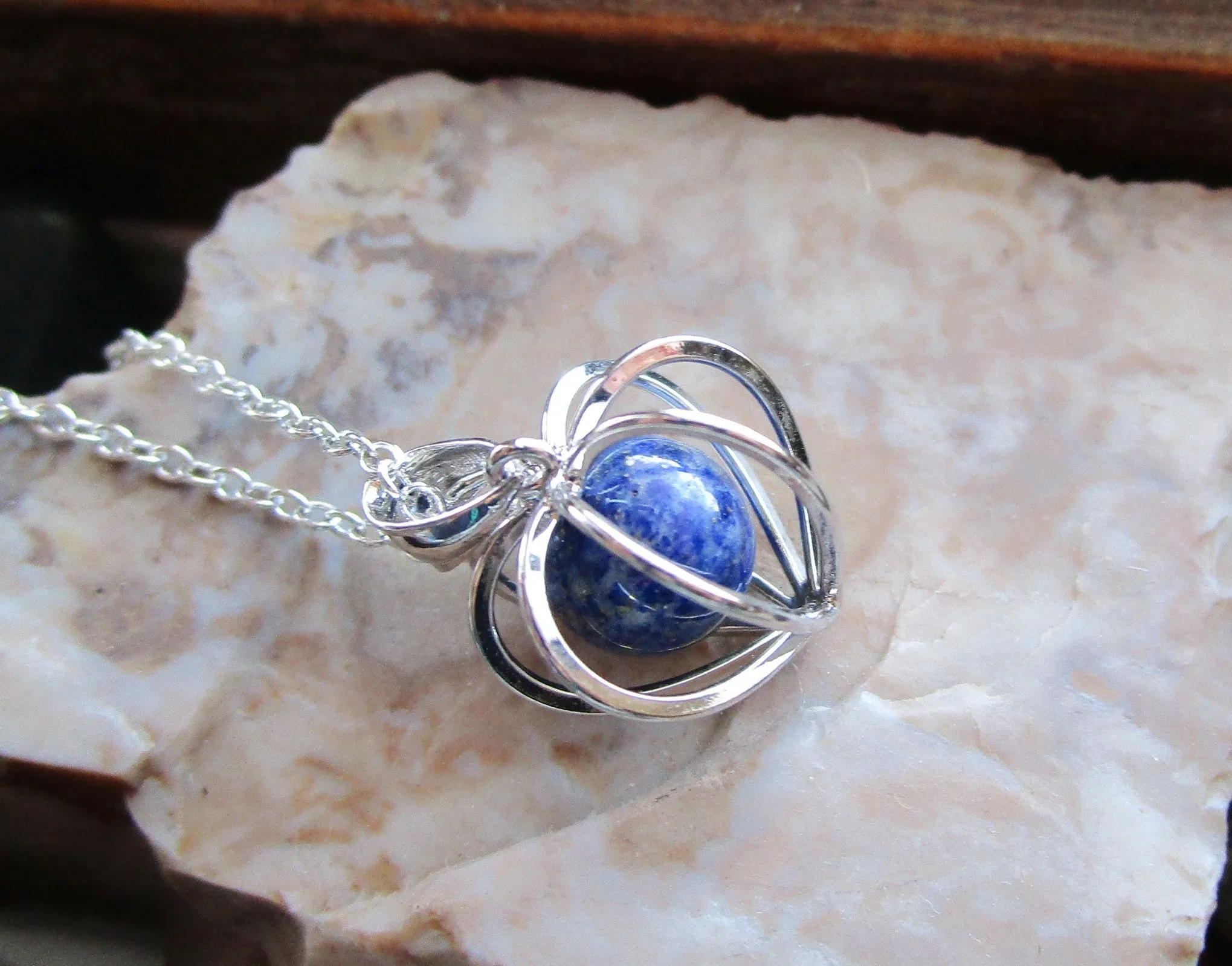 Silver Heart Cage Lapis Lazuli Crystal Sphere Pendant Necklace