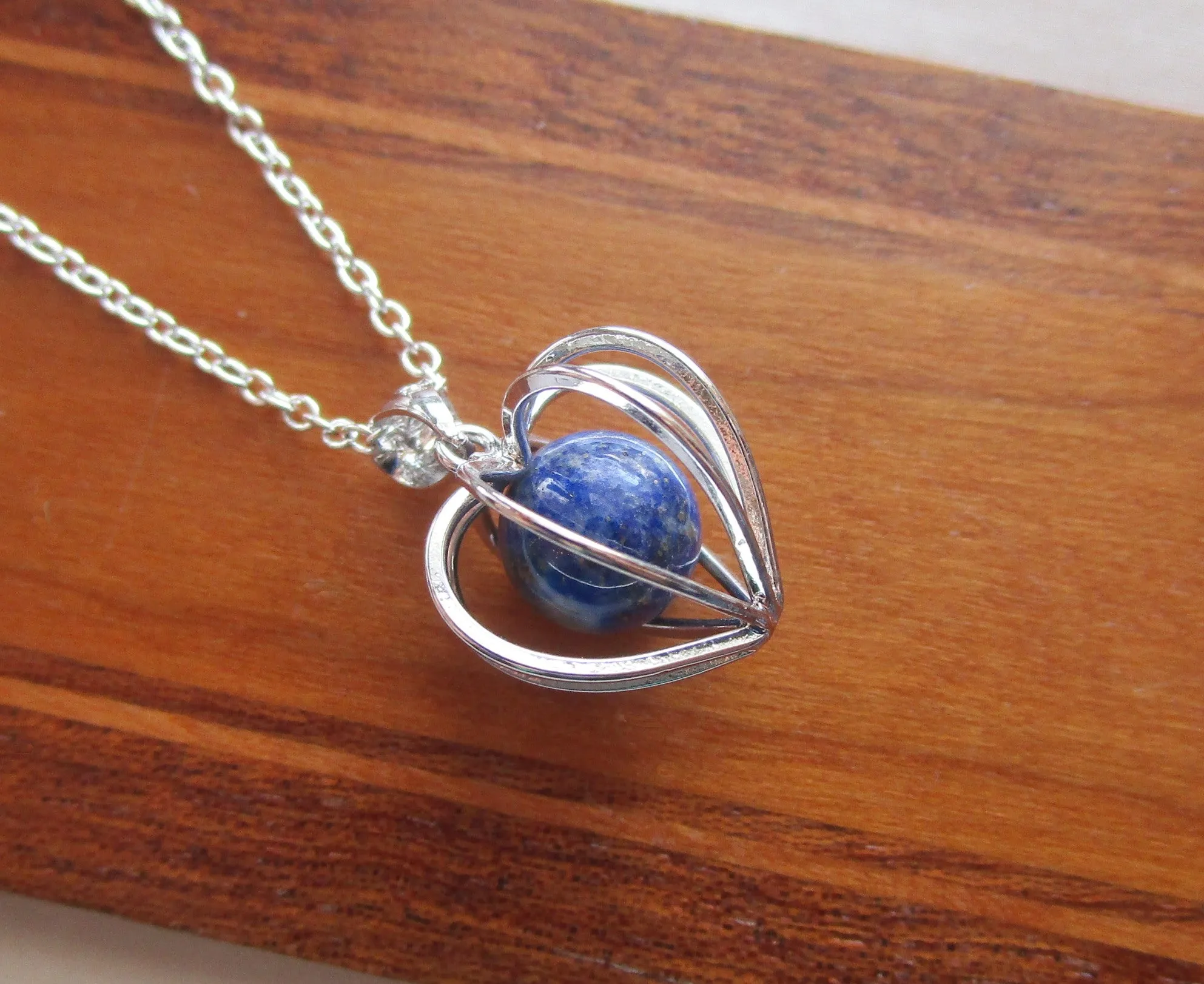 Silver Heart Cage Lapis Lazuli Crystal Sphere Pendant Necklace