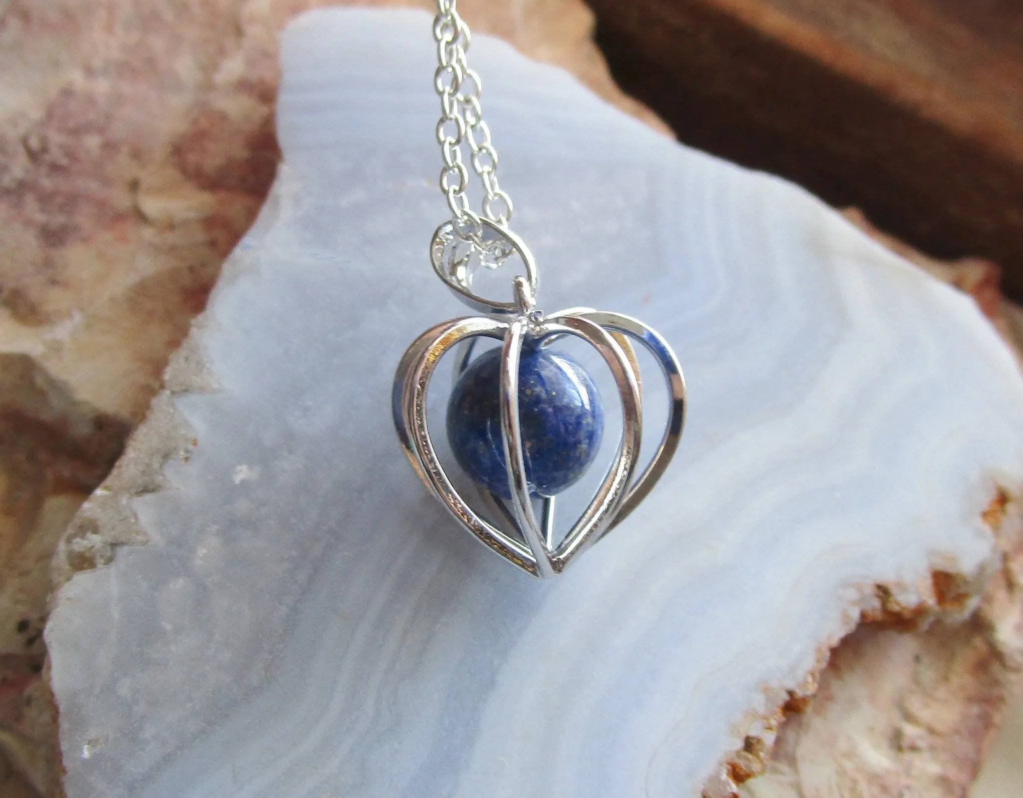 Silver Heart Cage Lapis Lazuli Crystal Sphere Pendant Necklace