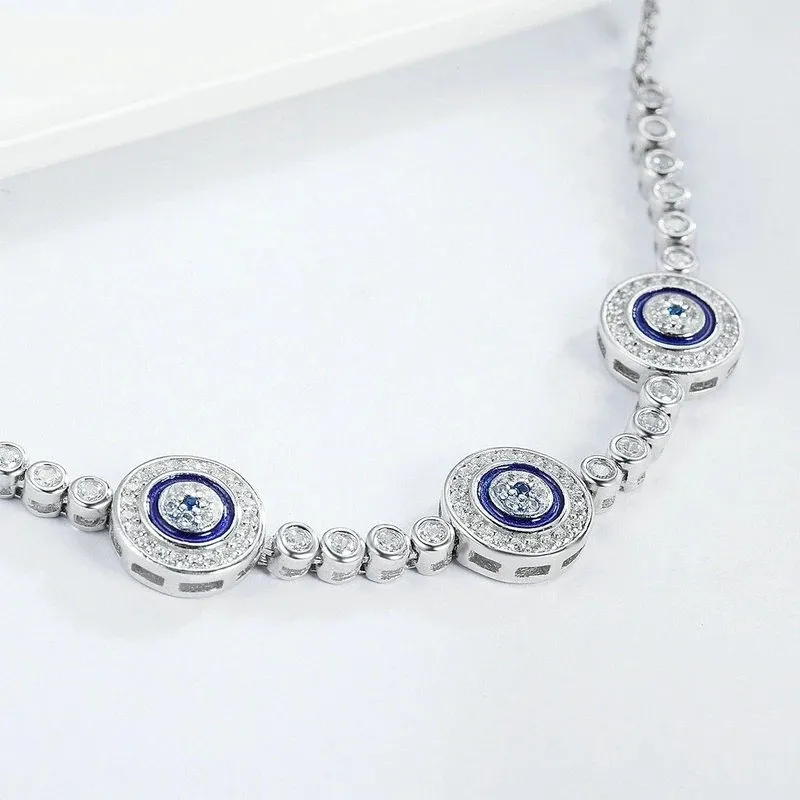 Silver Luxury Round Blue Evil Eyes Clear Cubic Zircon Crystal