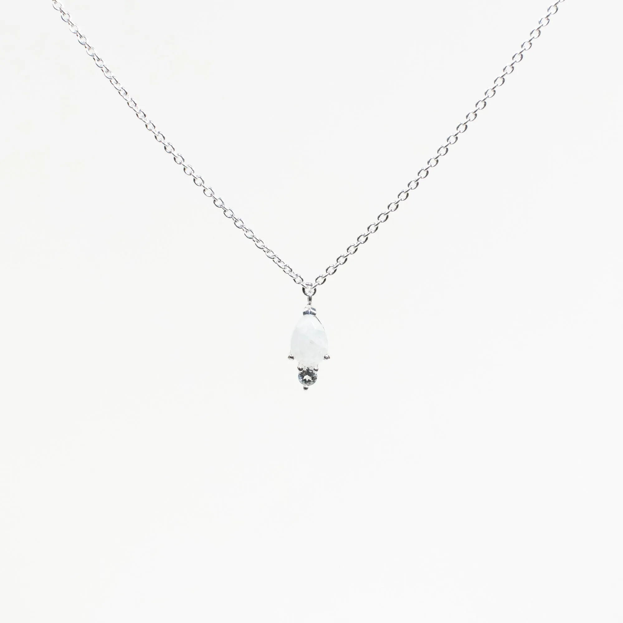 Silver Teardrop Shaped Moonstone & CZ Necklace