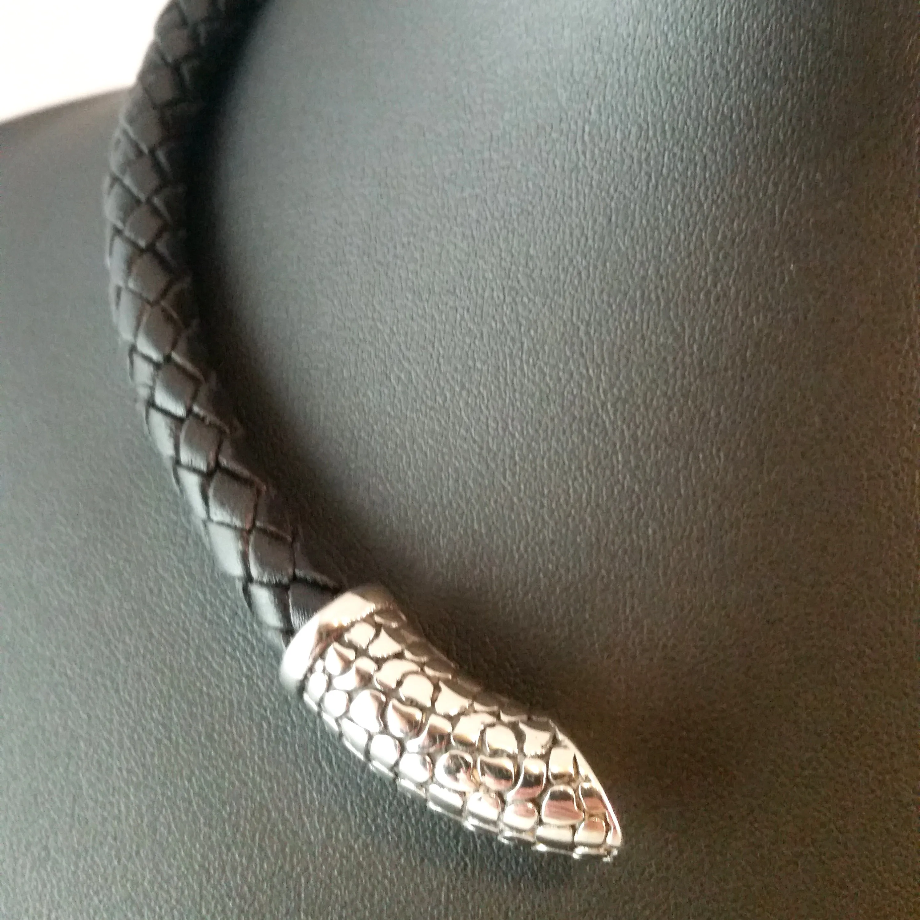 Silver Torc Necklace Black Leather Choker