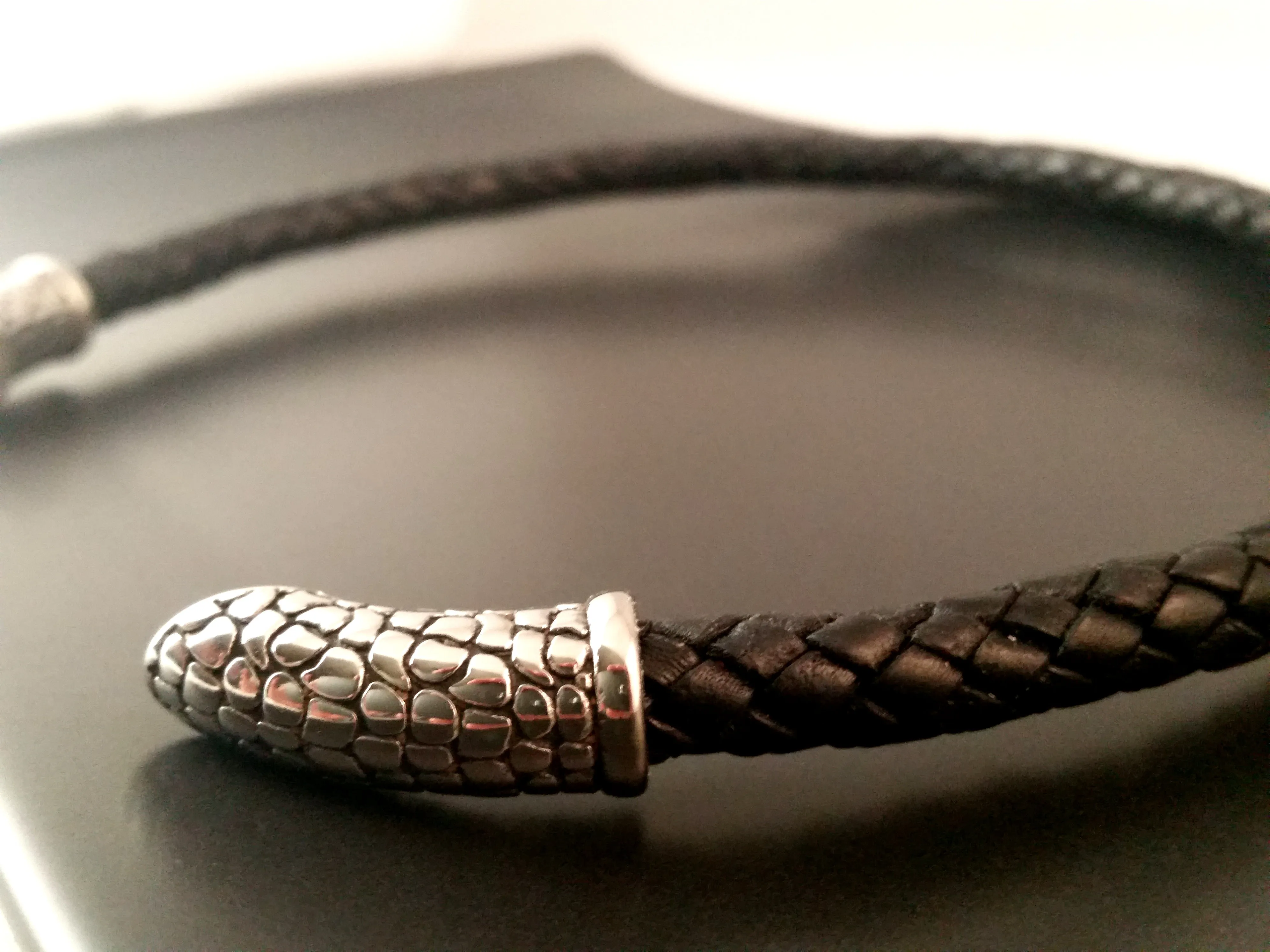 Silver Torc Necklace Black Leather Choker