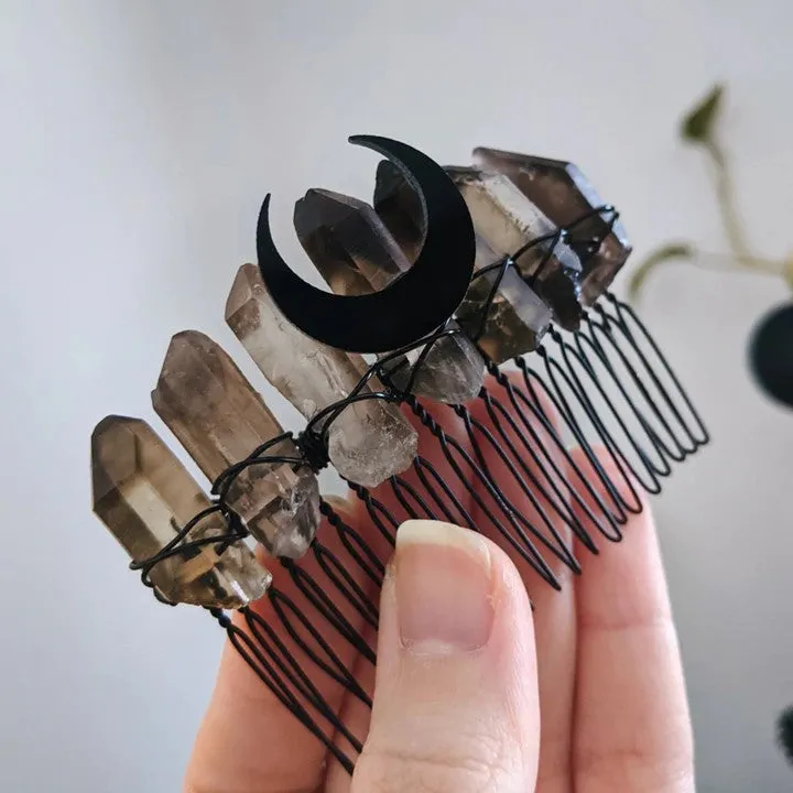 Smokey Quartz Hair Comb with Crescent Moon by Luna Corvus