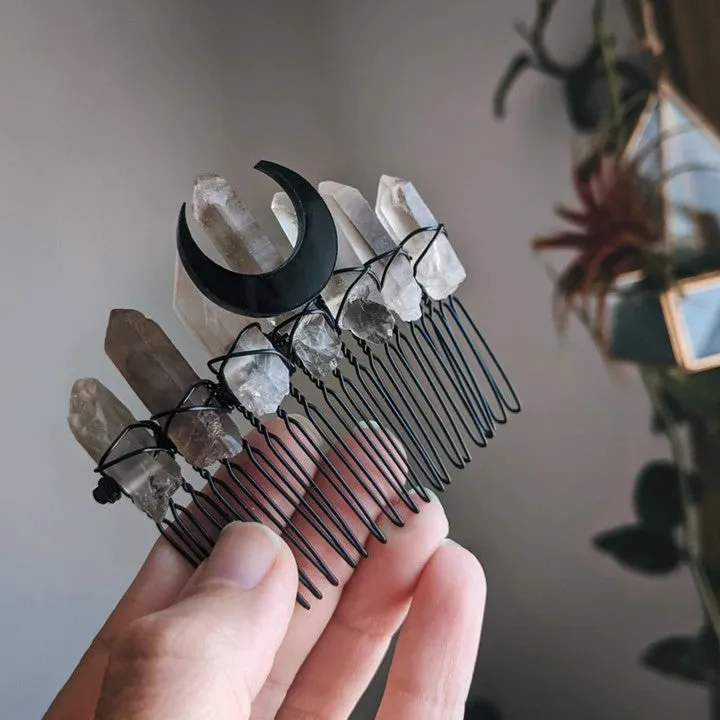 Smokey Quartz Hair Comb with Crescent Moon by Luna Corvus