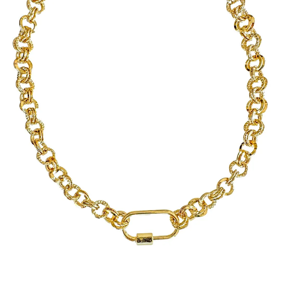 Smooth Gold Carabiner Clasp Double Chain Charm Necklace