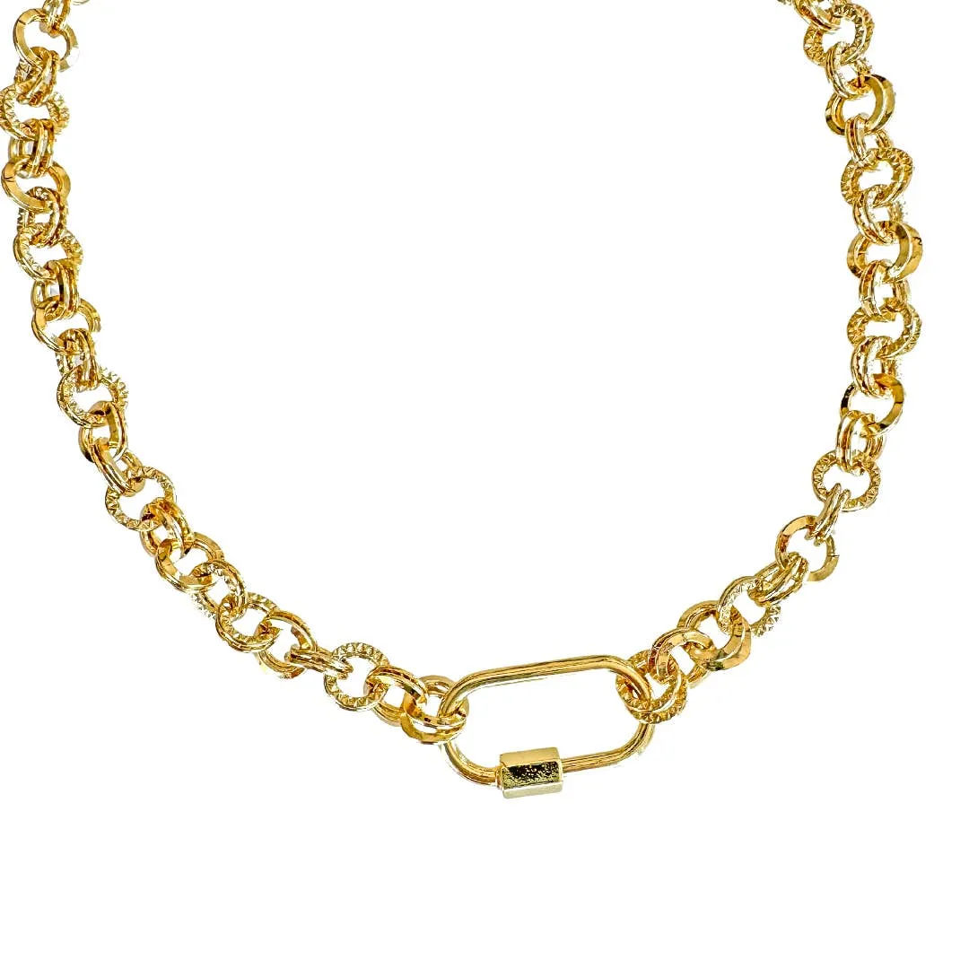 Smooth Gold Carabiner Clasp Double Chain Charm Necklace