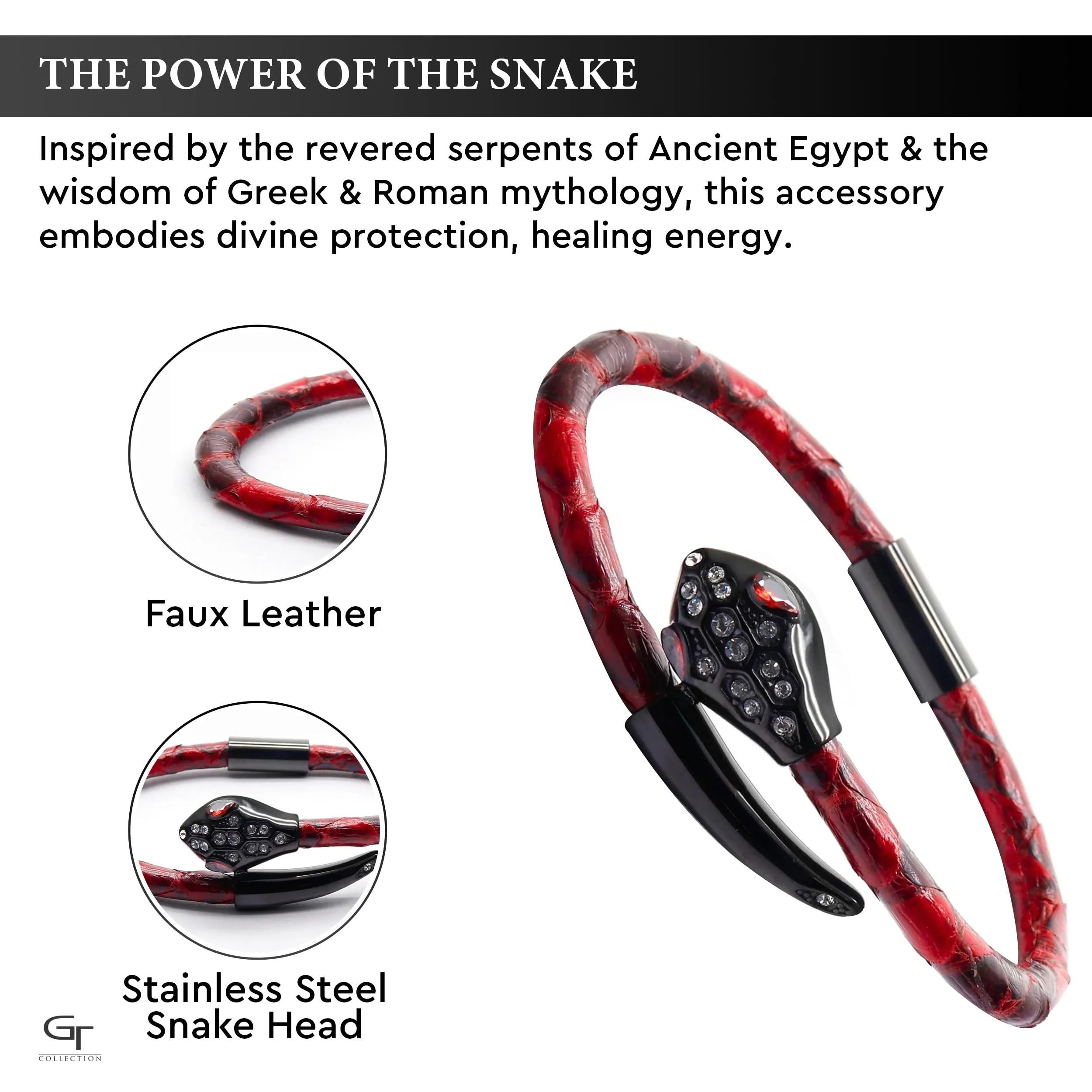 Snake Head Bracelet - Red Leather with Zircon