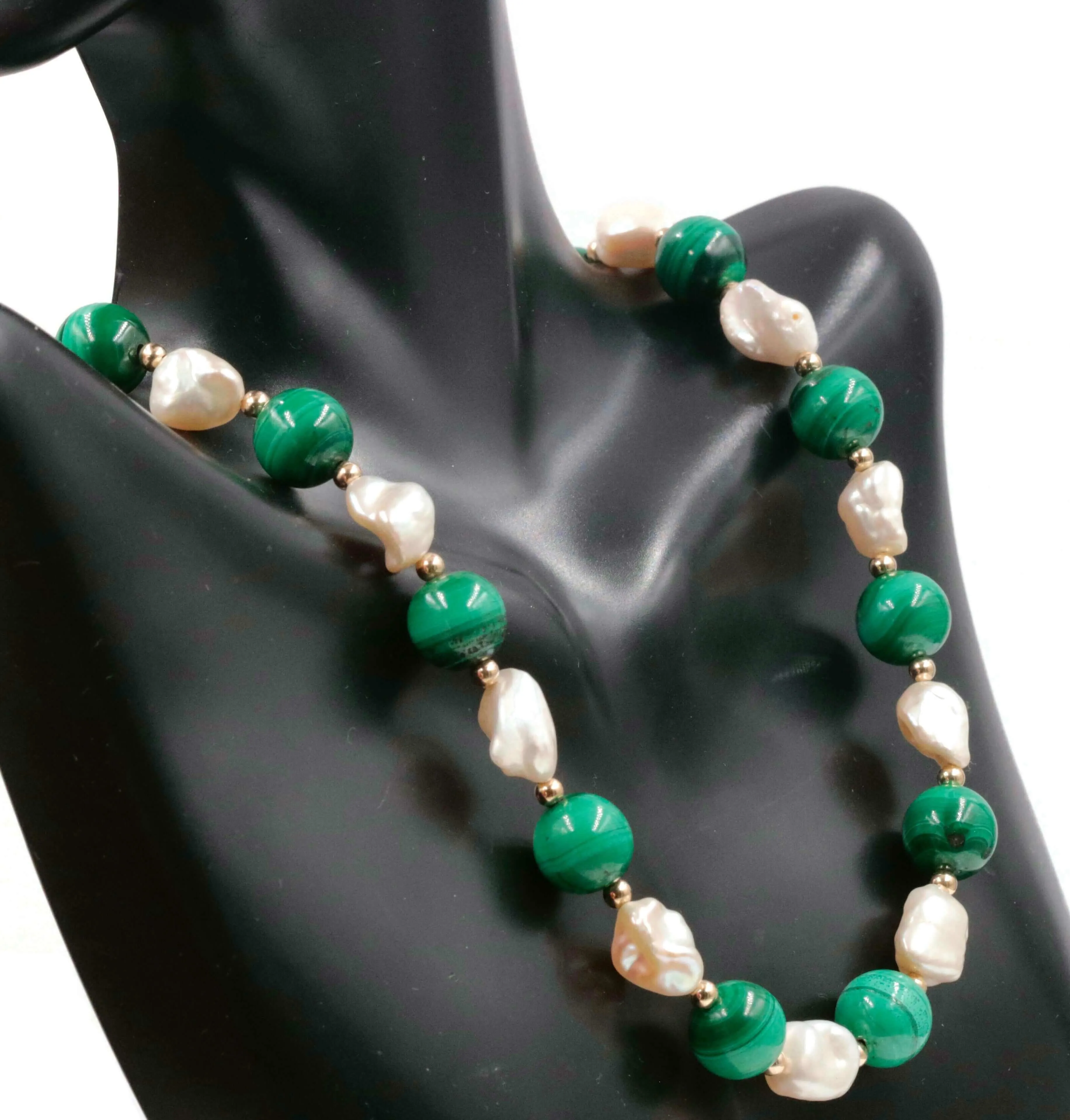 Solid 14K Gold Natural Malachite And Baroque Pearl Beaded Necklace SKU 6142331