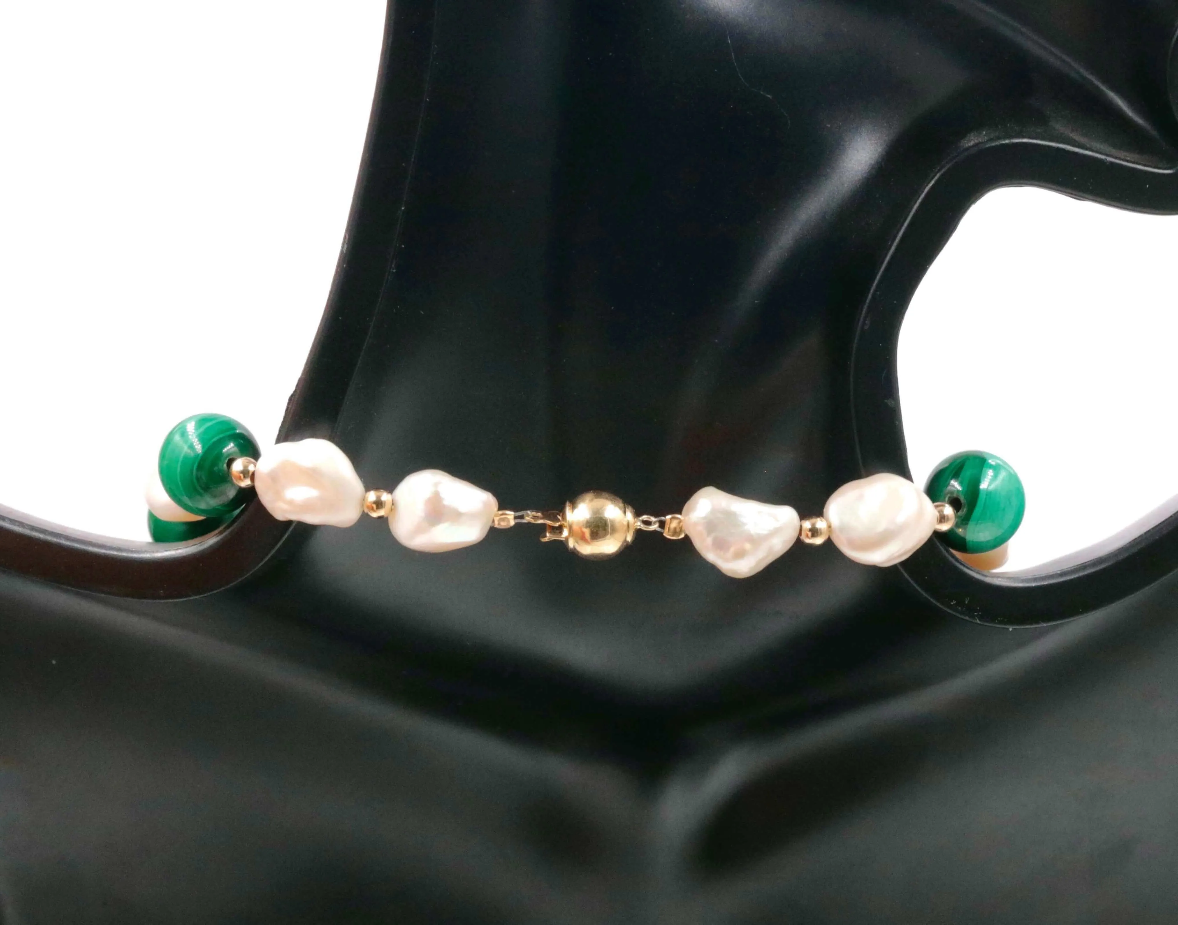 Solid 14K Gold Natural Malachite And Baroque Pearl Beaded Necklace SKU 6142331