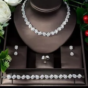 Sparkling Designer AAAA  Cubic Zircon Diamonds Square Shape 4 piece Necklace Jewelry Wedding Bridal Set