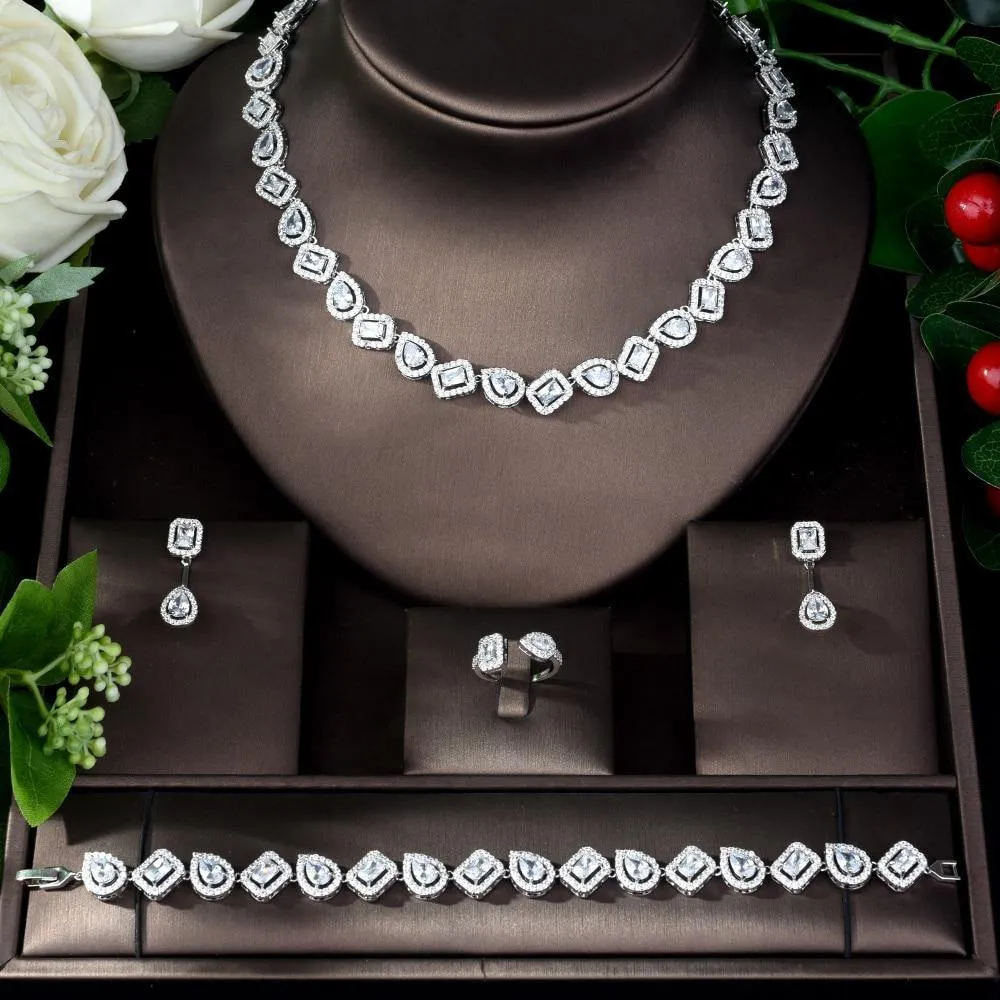 Sparkling Designer AAAA  Cubic Zircon Diamonds Square Shape 4 piece Necklace Jewelry Wedding Bridal Set