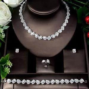 Sparkling Designer AAAA  Cubic Zircon Diamonds Square Shape 4 piece Necklace Jewelry Wedding Bridal Set