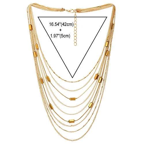 Statement Choker Collar Necklace Waterfall Multi-Strand Chain with Rectangle Crystal Bead Charm