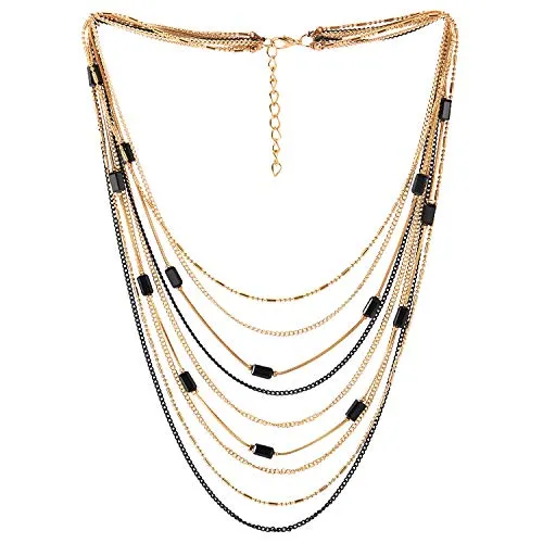 Statement Choker Collar Necklace Waterfall Multi-Strand Chain with Rectangle Crystal Bead Charm