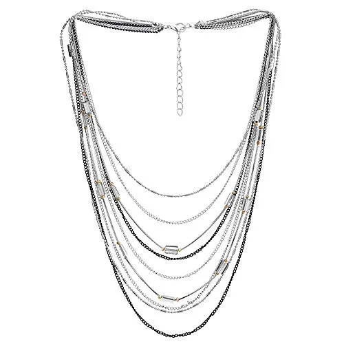 Statement Choker Collar Necklace Waterfall Multi-Strand Chain with Rectangle Crystal Bead Charm