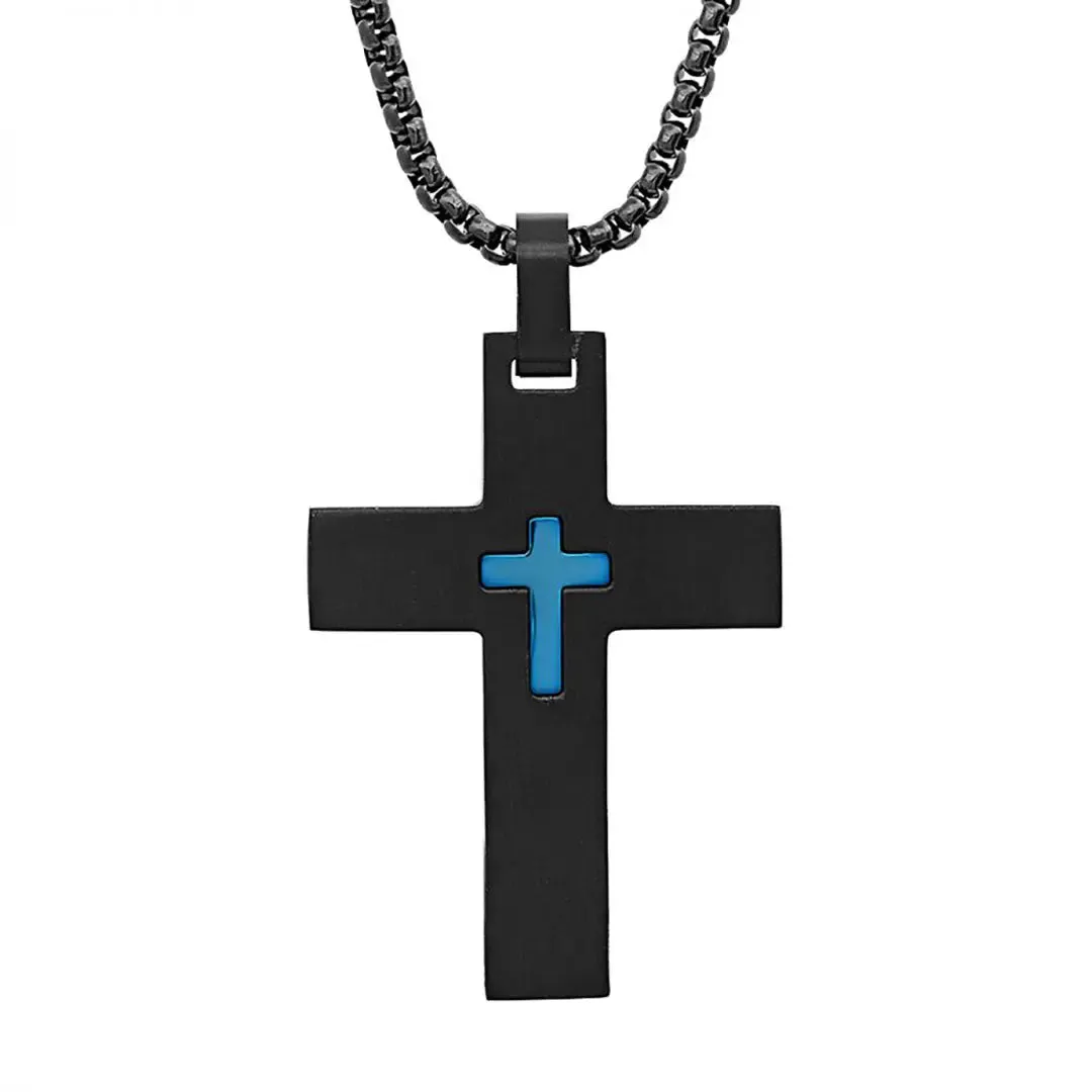 SteelTime Men's Black and Blue IP Stainless Steel Cross