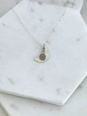 Sterling silver and peach moonstone moon necklace