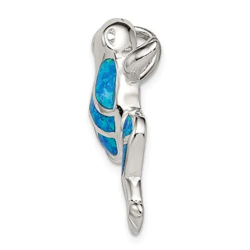 Sterling Silver Created Blue Opal Inlay Frog Slide Pendant