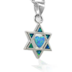 Sterling Silver Opal Heart Jewish Star Pendant