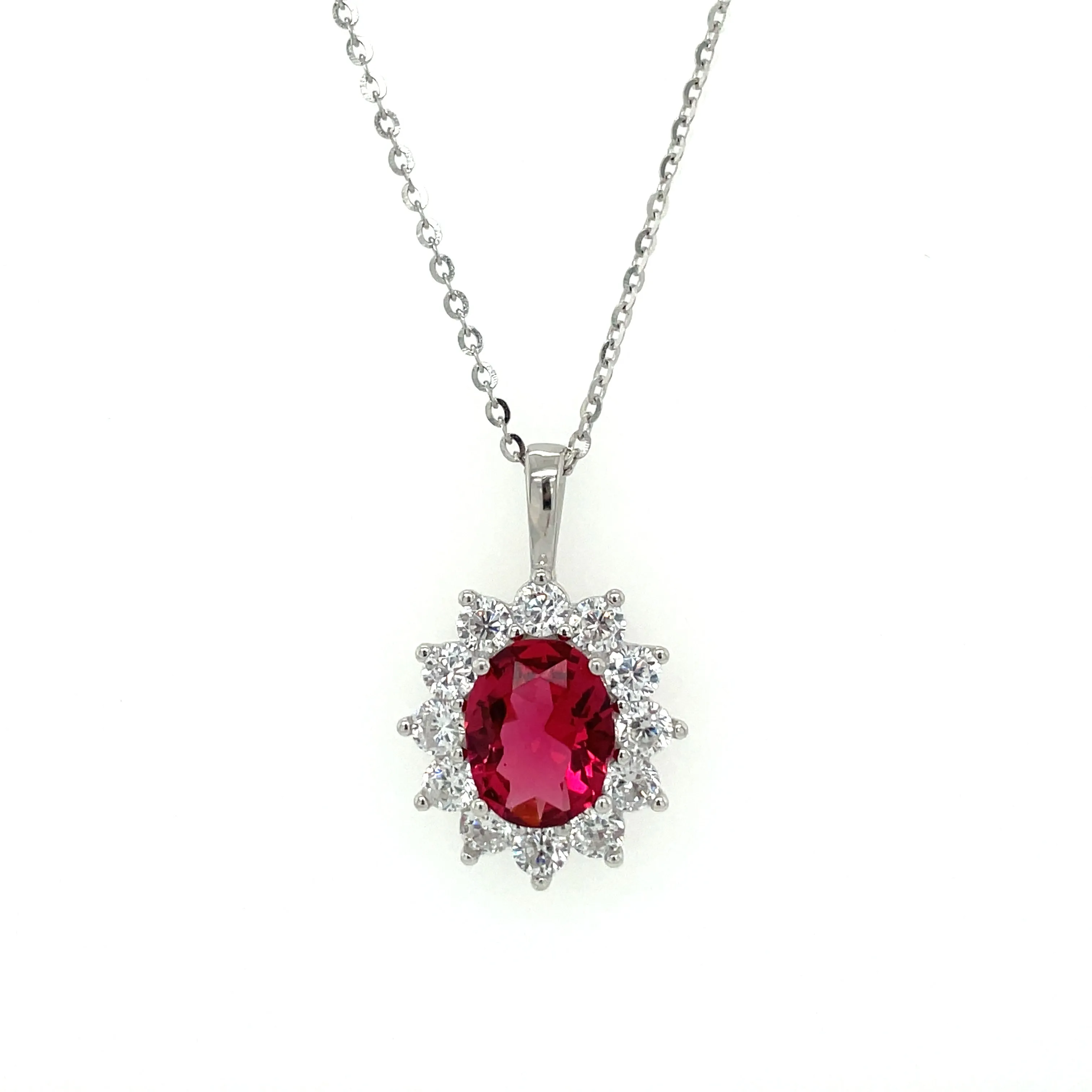 Sterling Silver Princess Di Style Ruby CZ Halo Pendant