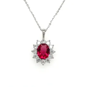 Sterling Silver Princess Di Style Ruby CZ Halo Pendant