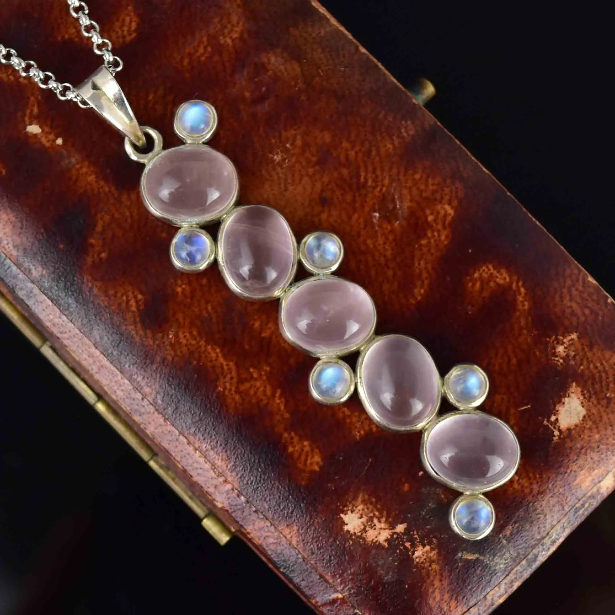 Sterling Silver Rose Quartz Moonstone Drop Pendant Necklace