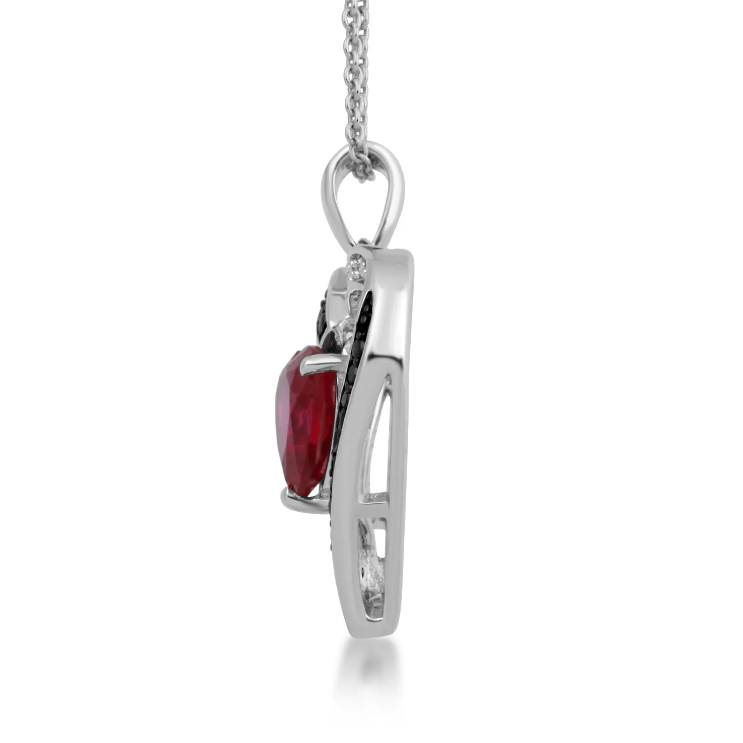 Sterling Silver With Created Ruby and 1/10 Black White Diamonds Pendant Necklace