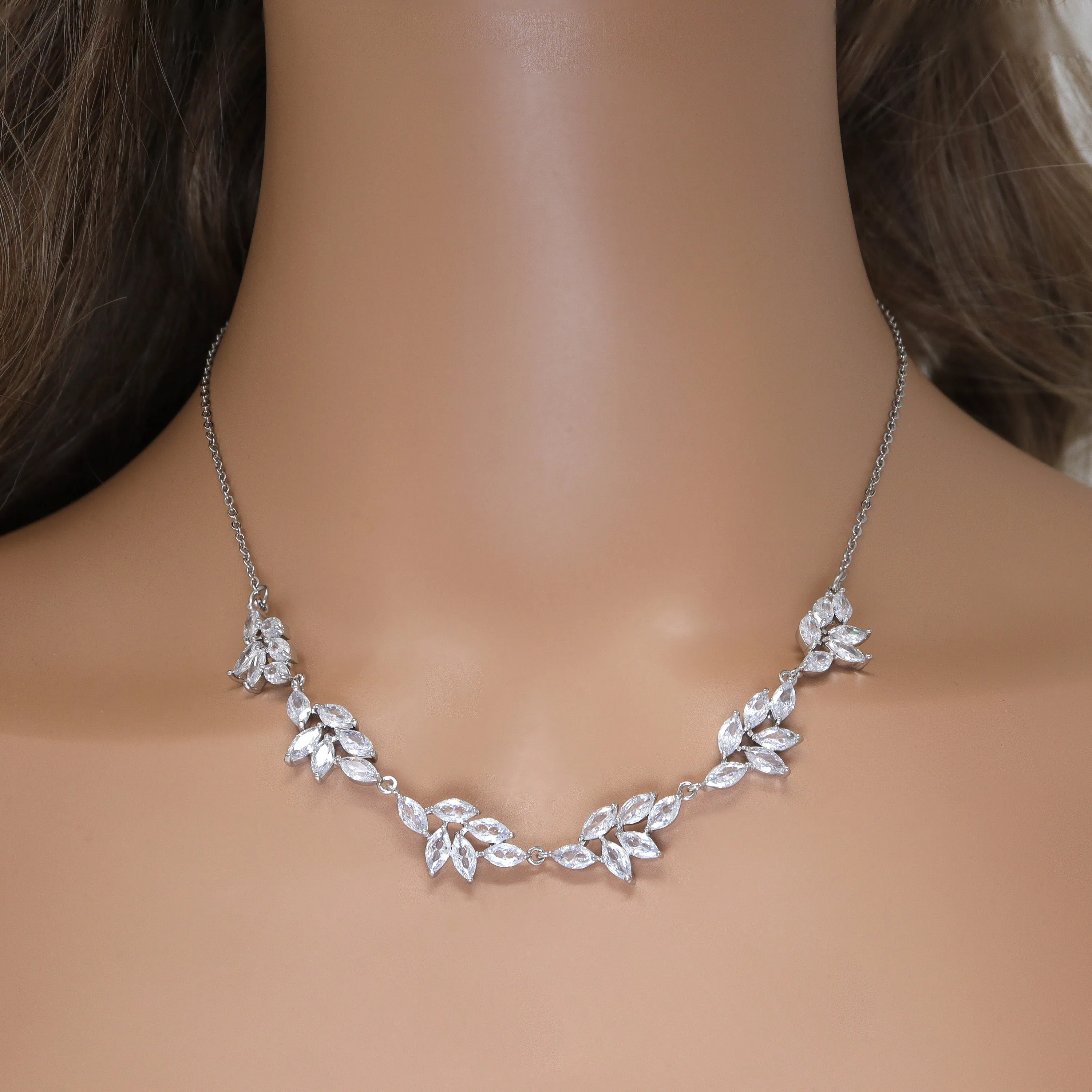 Swarovski Crystal Dainty Vine Leaves Necklace, Long Bridal Jewelry, Bridal Earrings And Necklace, Statement Earrings Cz Necklace Set.