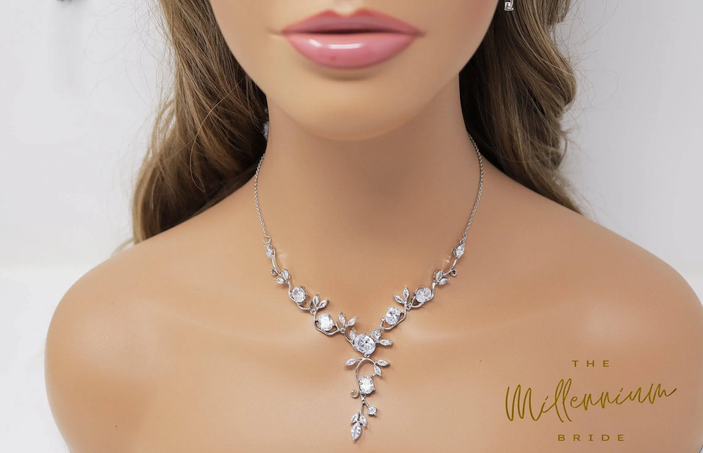 Swarovski Crystal Floral Vine Leaves Necklace, Long Bridal Jewelry, Bridal Earrings And Necklace, Statement Earrings Cz Necklace Set.