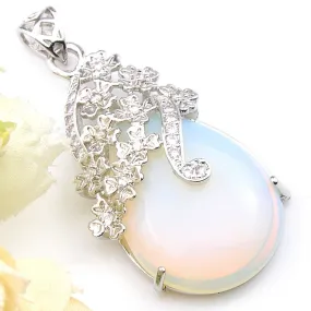 Teardrop Shape Rainbow Fire Moonstone CZ Pendant Necklace