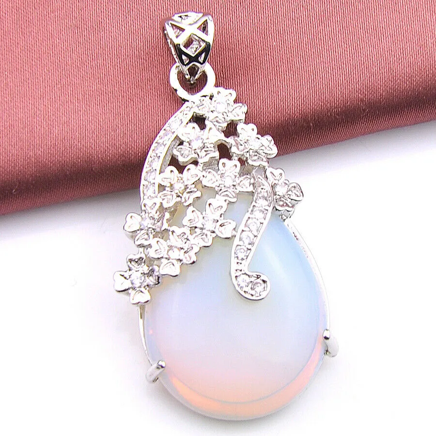 Teardrop Shape Rainbow Fire Moonstone CZ Pendant Necklace