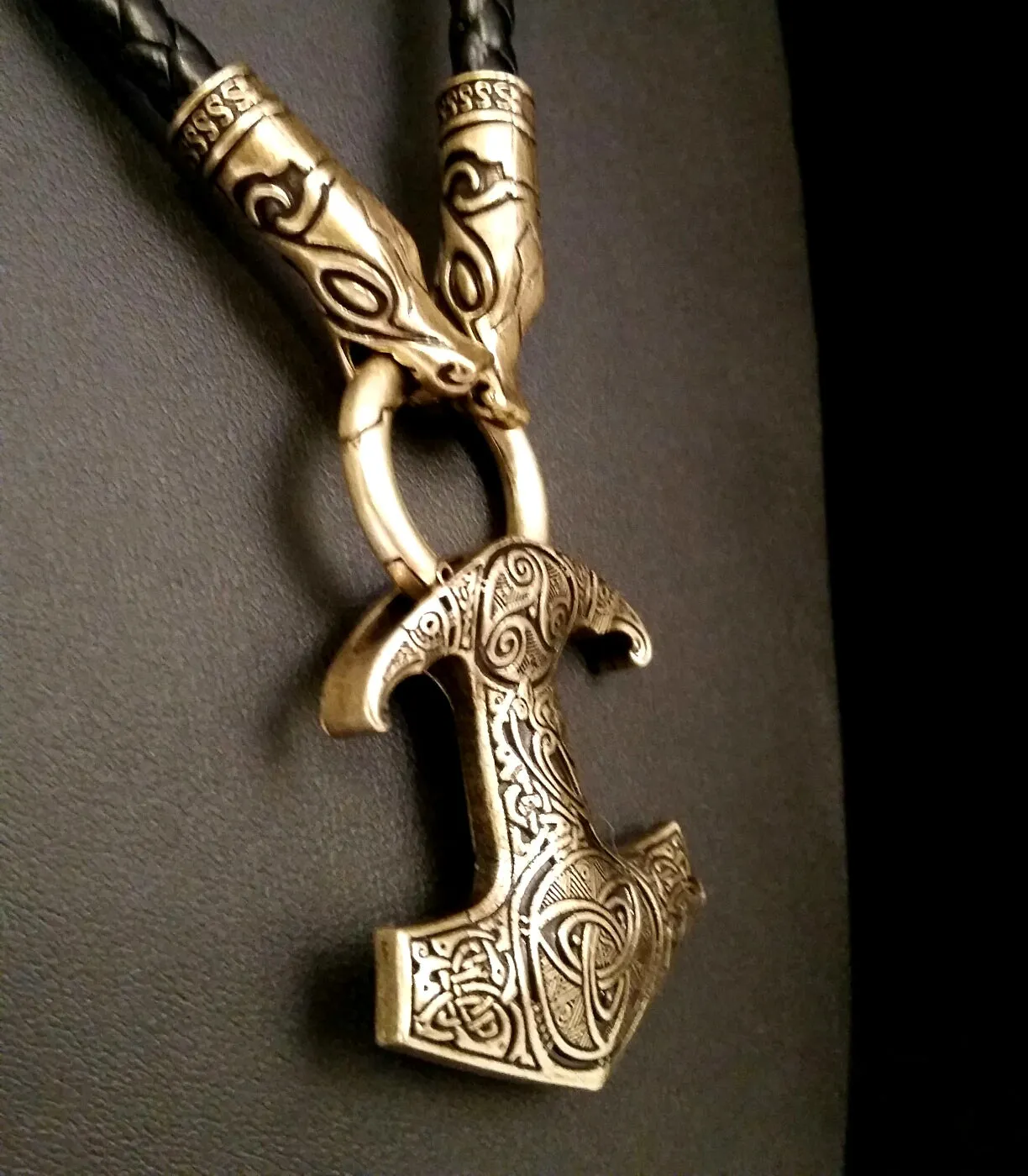 Thor's Hammer Necklace Bronze Dragon Raven Leather Norse Viking